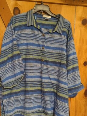 dressbarn Blue and Green Striped Casual Button-Down Shirt